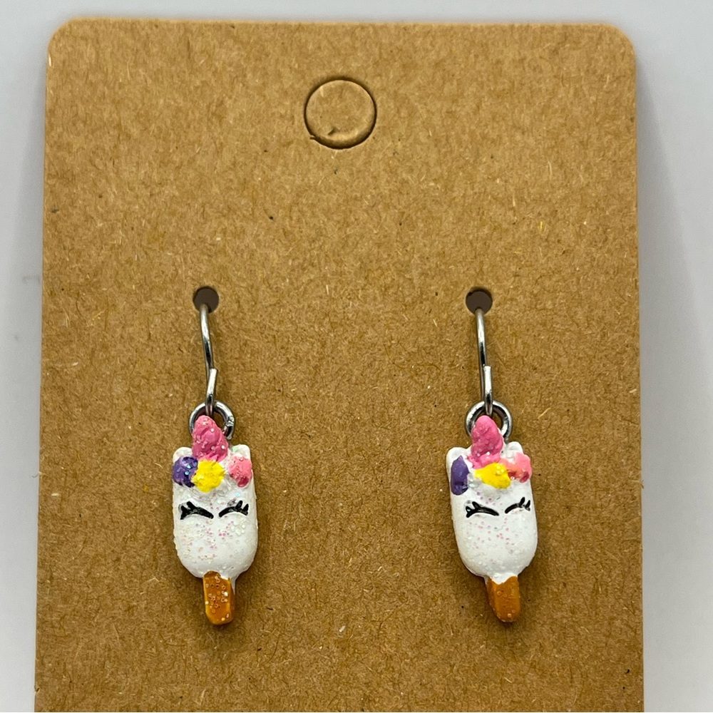 Pastel cartoon unicorn popsicle dangling earrings